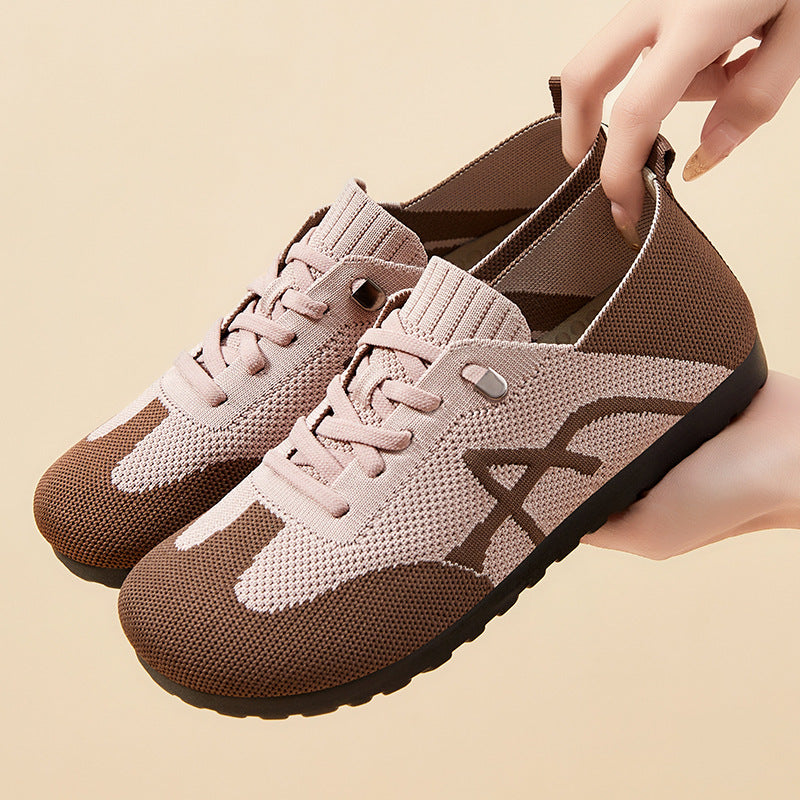 Damen nan komfortabler gestrickter Slip-On Sneaker mit elastischem Schaft, dekorativer Schnürung und flexibler rutschfester Laufsohle Drune
