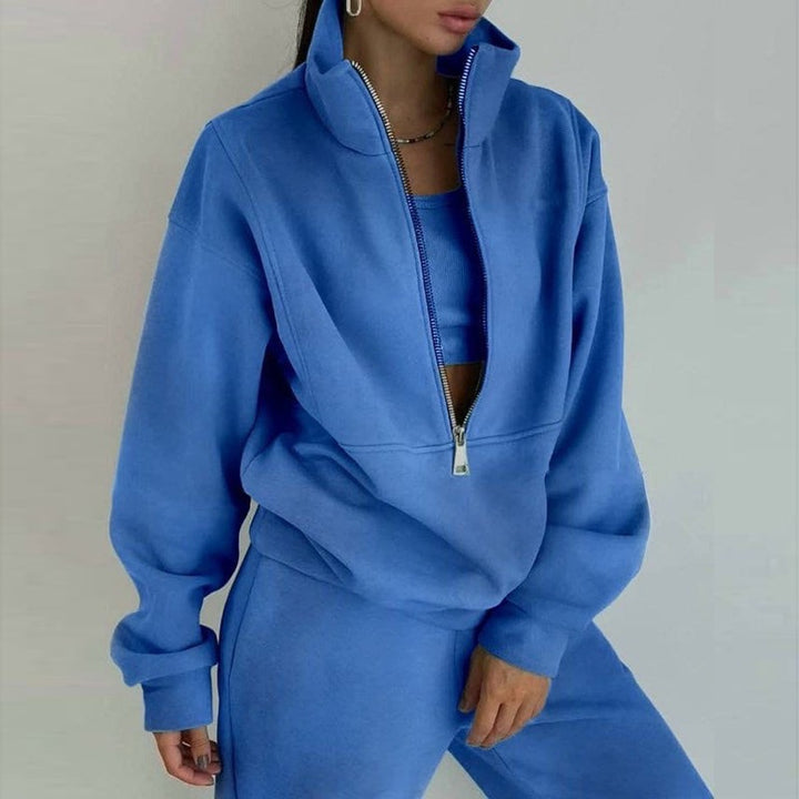 Damen nan kurzes Halbzip-Sweatshirt-und-Jogginghose-Set mit Stehkragen, oversized Schnitt und weichem French-Terry Drune