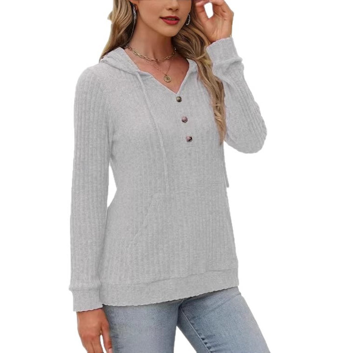 Damen kuscheliger Kapuzenpullover mit Knopfleiste und seitlichen Taschen Drune