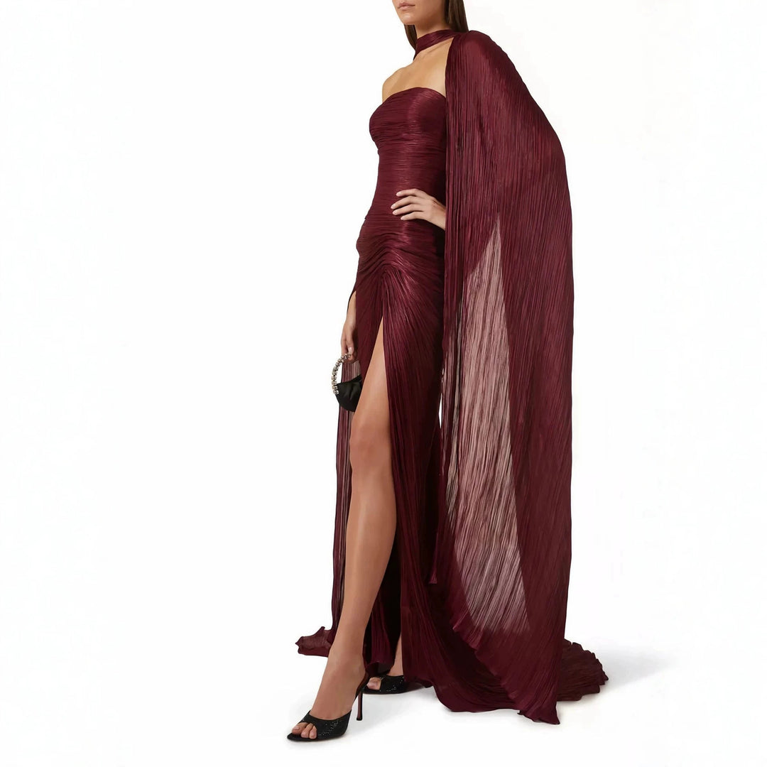 Damen Elegantes Maxi-Kleid mit asymmetrischem Schnitt und Plissierungen Drune