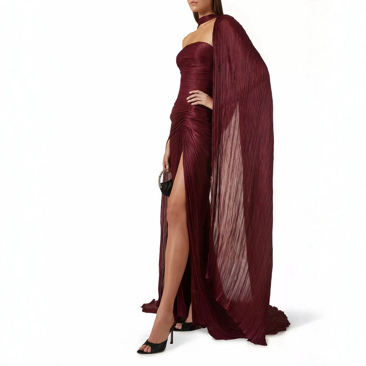 Damen Elegantes Maxi-Kleid mit asymmetrischem Schnitt und Plissierungen Drune