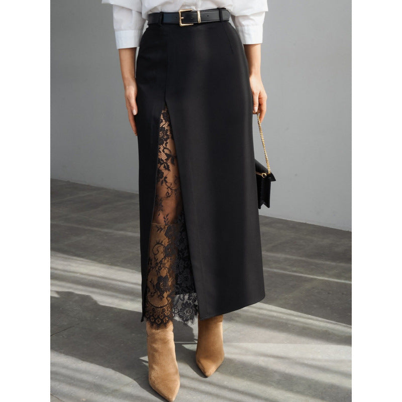 Damen Eleganter Maxirock mit transparentem Spitzeneinsatz und seitlichem Schlitz Drune