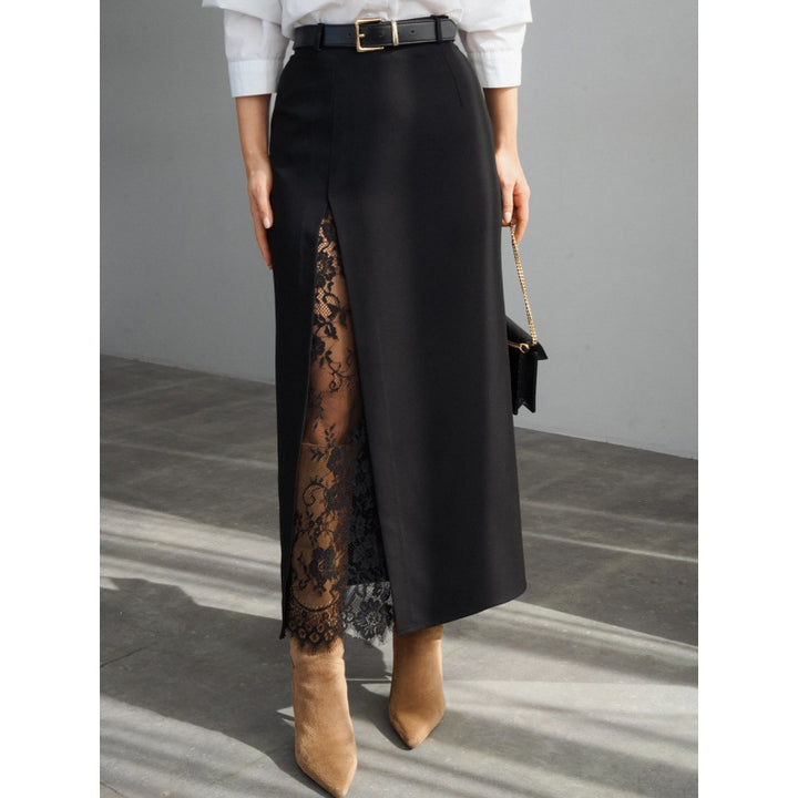 Damen Eleganter Maxirock mit transparentem Spitzeneinsatz und seitlichem Schlitz Drune