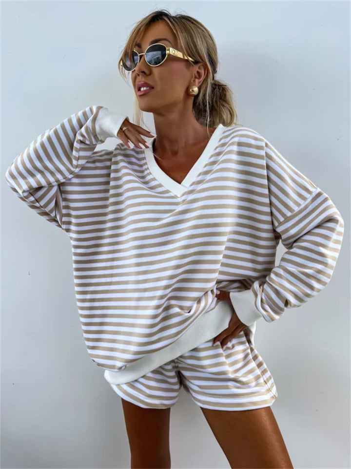 Damen lässiges V-Ausschnitt Sweatshirt und kurze Sporthosen Set Drune