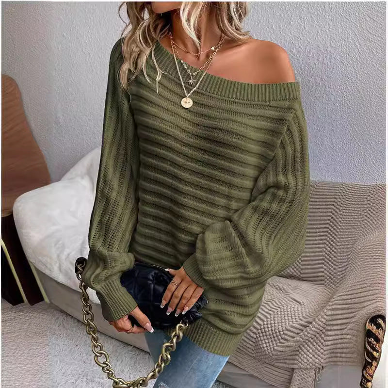 Damen lässiger Strickpullover mit off-shoulder Design und luftiger Ajour-Optik Drune