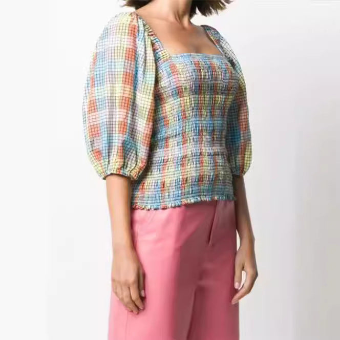Damen Puffärmel Bluse mit kariertem Design Drune