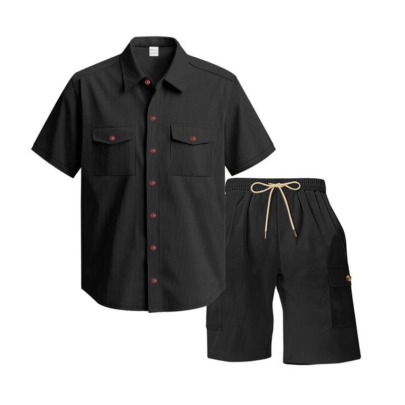 Herren nan strukturiertes Kurzarmhemd und Bermuda-Set mit Pattentaschen und elastischem Bund Drune