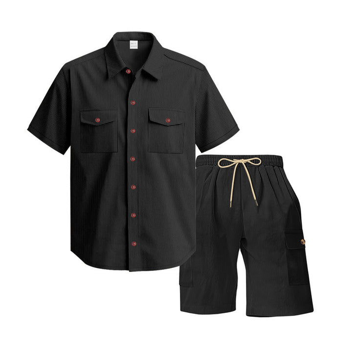 Herren nan strukturiertes Kurzarmhemd und Bermuda-Set mit Pattentaschen und elastischem Bund Drune