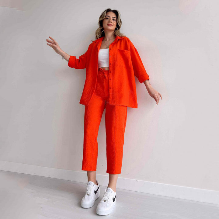 Damen lässige Loungewear-Kombination mit leichtem Leinenhemd und elastischer Hose Drune