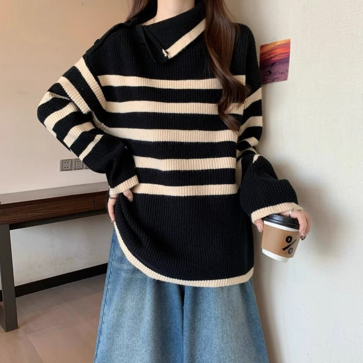 Damen Gestreifter Pullover mit modernem Kragen und Knopfdetails Drune