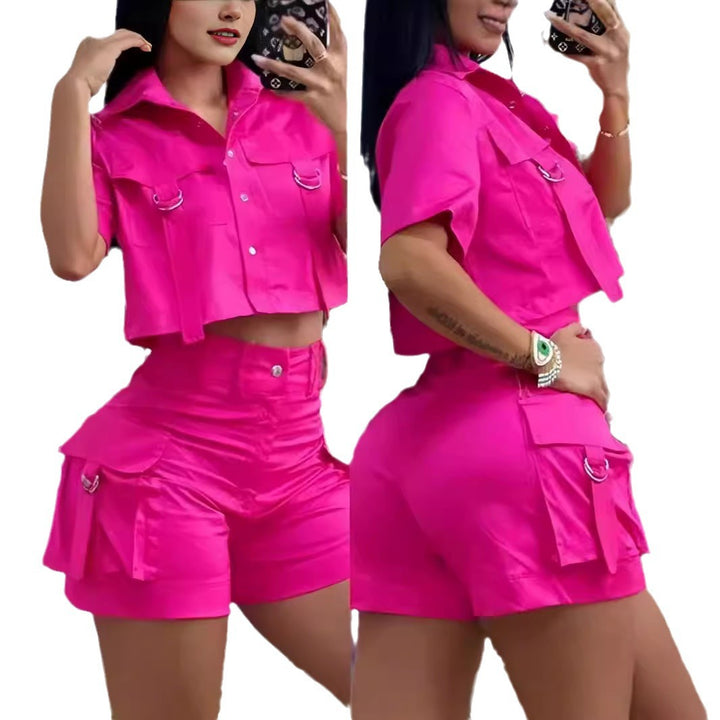Damen Modisches Zweiteiliges Set mit cropped Oberteil und praktischen Cargo-Shorts Drune