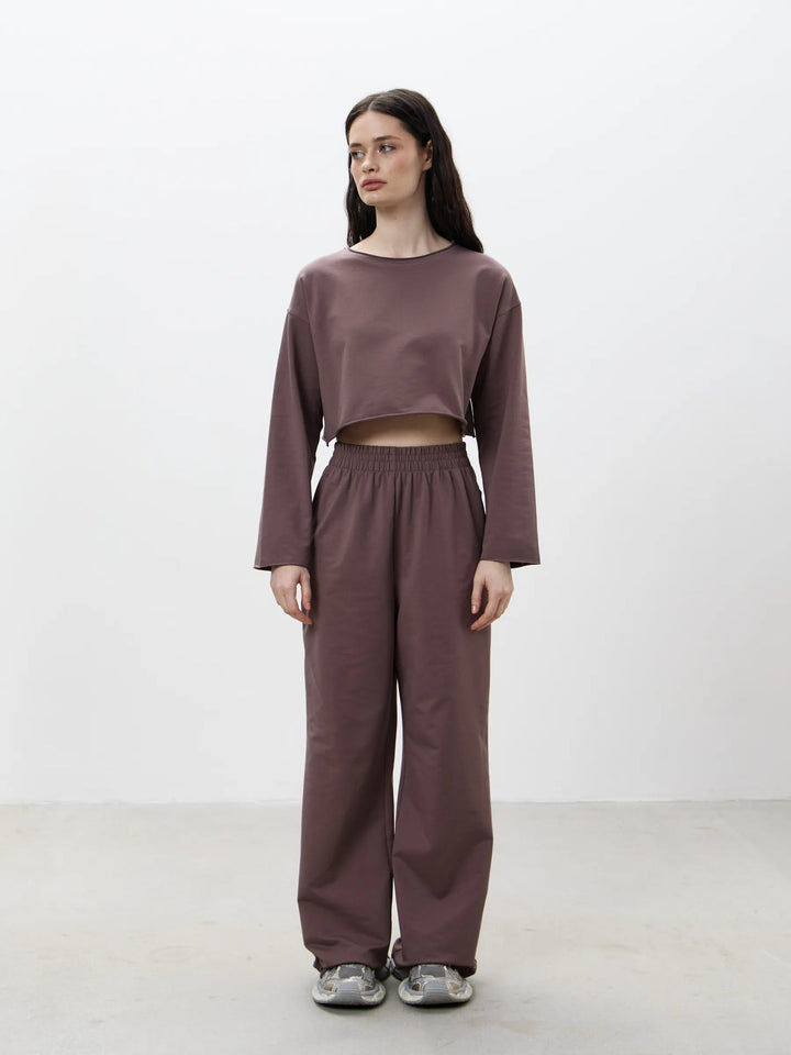 Damen Komfortables Cropped Sweatshirt und Weite Jogginghose Set Drune