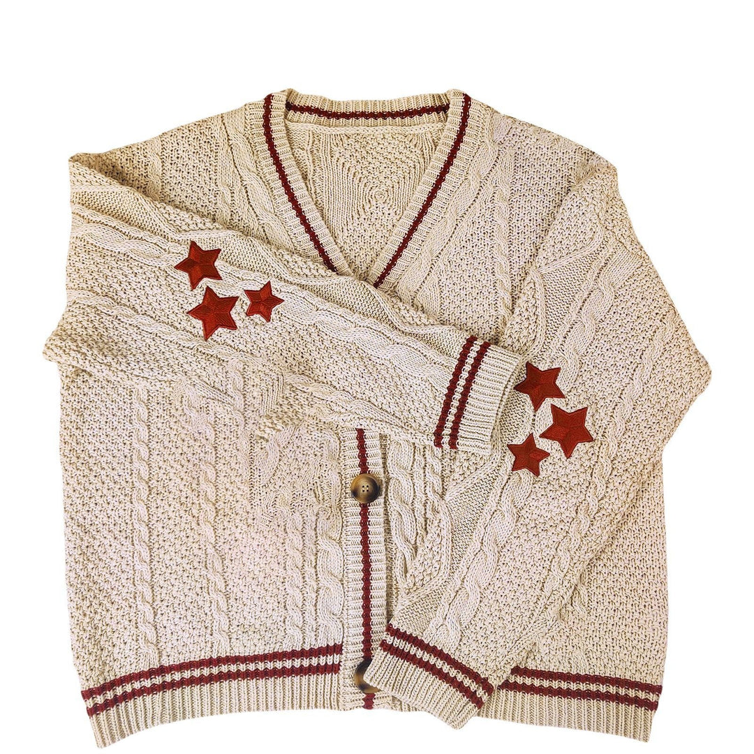 Damen Grobstrickjacke mit eleganten Sternenapplikationen und kontrastierenden Details Drune
