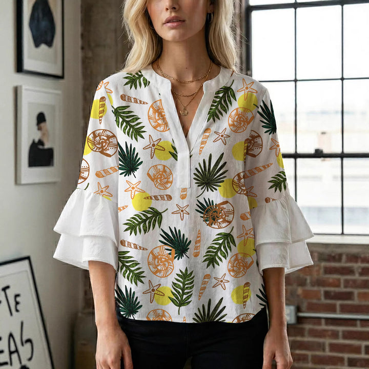 Damen Bluse mit voluminösen Rüschenärmeln und modernem Motiv Drune