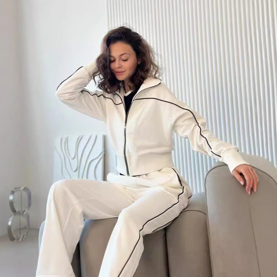 Damen nan zweiteiliges Sport-Loungewear-Set mit Stehkragen und Kontrastpaspel Drune