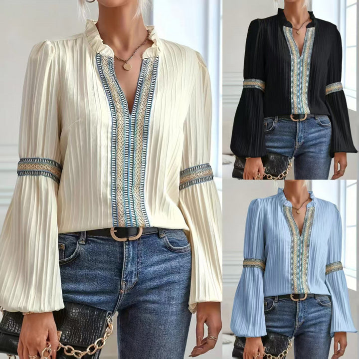 Damen elegante Plisseebluse mit Rüschendetails Drune