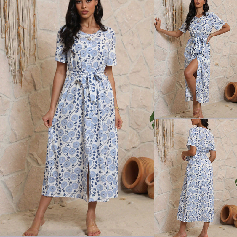 Damen Langarmmaxikleid mit floralem Design und elegantem Bindegürtel Drune