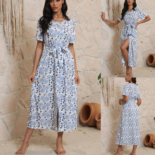 Damen Langarmmaxikleid mit floralem Design und elegantem Bindegürtel Drune