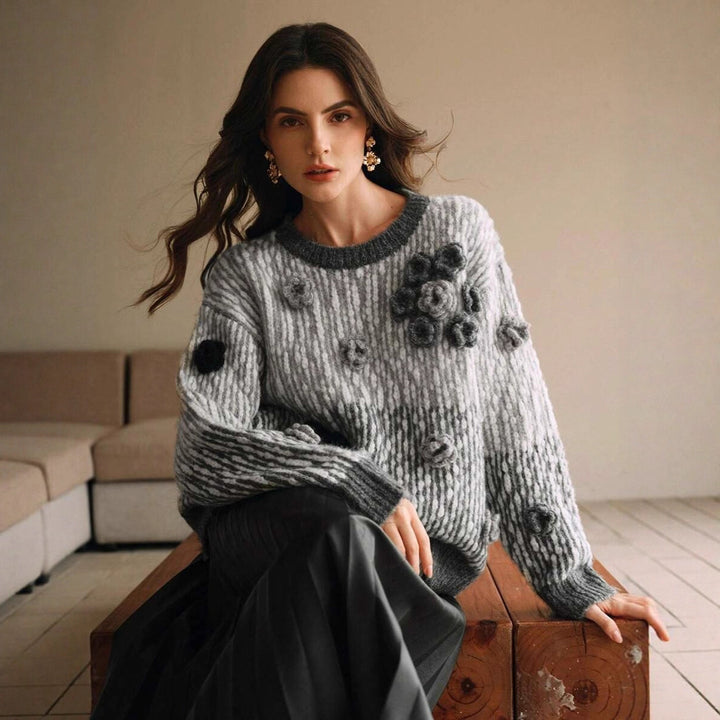 Damen Strickpullover mit floralen Akzenten und strukturiertem Design Drune
