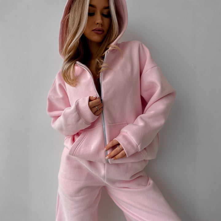 Damen lässiger Fleece-Jogginganzug mit integriertem Reißverschluss und weit geschnittener Hose Drune