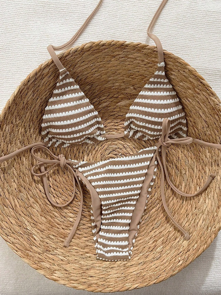 Damen Triangel-Bikini mit verstellbaren Bindebändern und trendigem Streifenmuster Drune