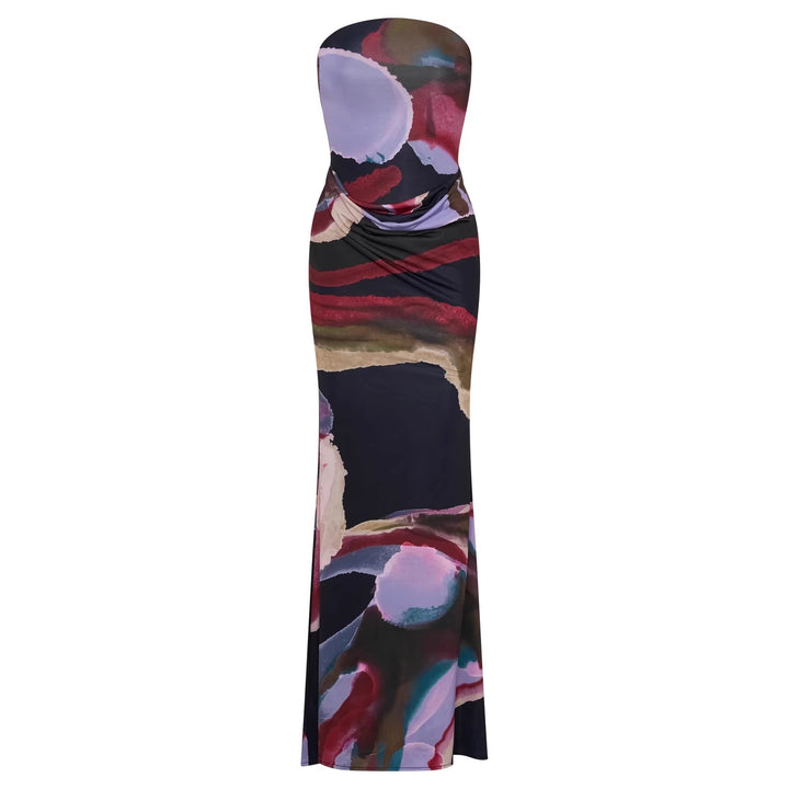 Damen Strapless Maxikleid mit fließendem Stoff und kunstvollem Druck Drune