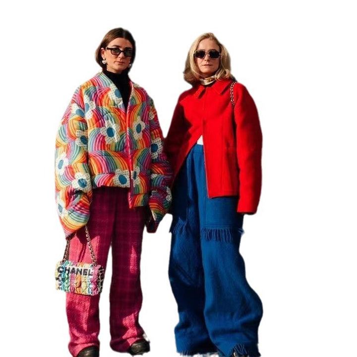 Damen Kuschelige Steppjacke mit buntem Design und voluminösen Ärmeln Drune