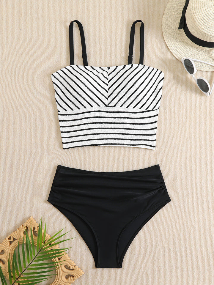 Damen Bikini-Set mit gestreiftem Oberteil und hoch taillierter Hose Drune
