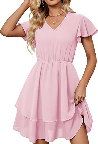 Damen Freizeitkleid mit fließendem Rock und Rüschenärmeln Drune