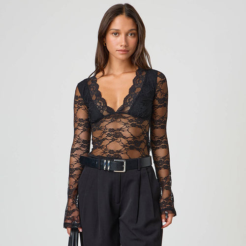 Damen Durchsichtiges Spitzenlangarmbodysuit Drune