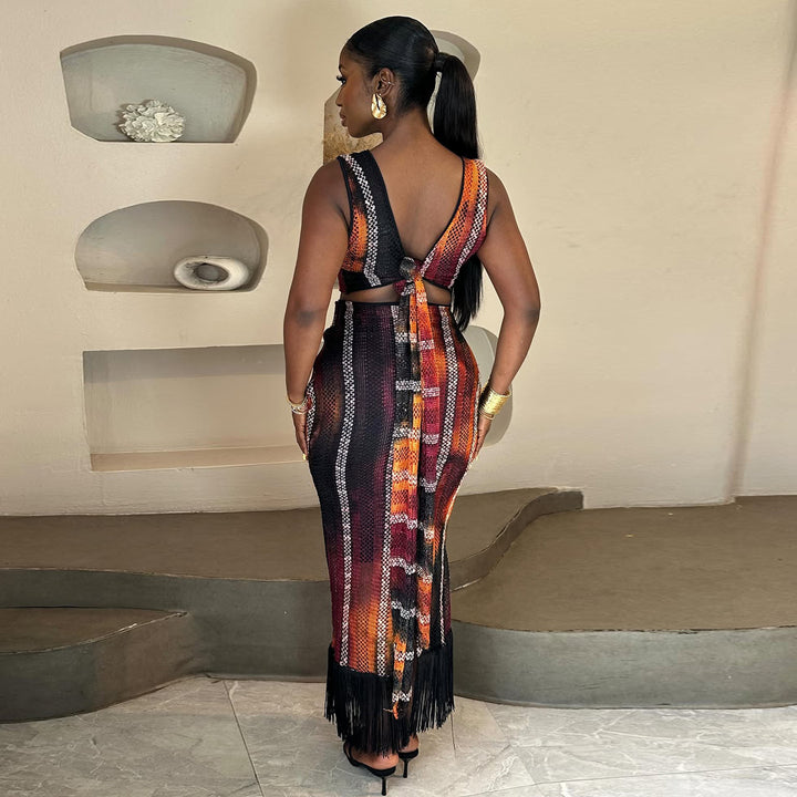 Damen Zweiteiliges Festliches Outfit mit Fransendetails Drune
