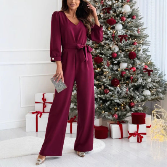 Damen Eleganter Jumpsuit mit Taillengürtel und weitem Bein Drune