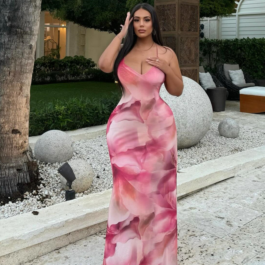 Damen langes Kleid mit floralem Design und Spaghettiträgern Drune