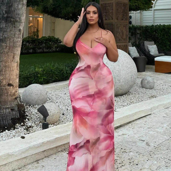 Damen langes Kleid mit floralem Design und Spaghettiträgern Drune