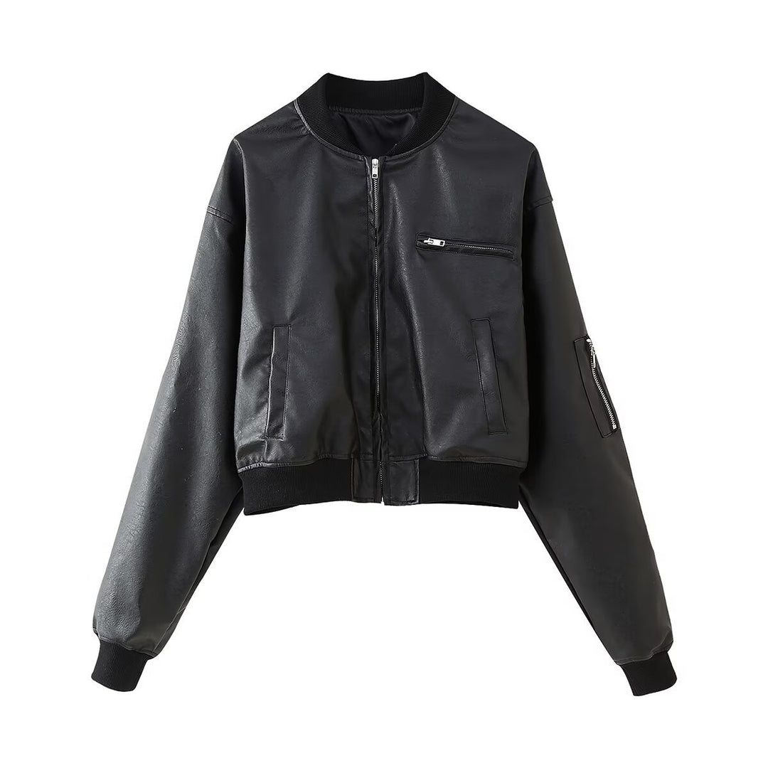 Damen modische Bomberjacke im lässigen Leder-Look mit praktischen Taschen Drune