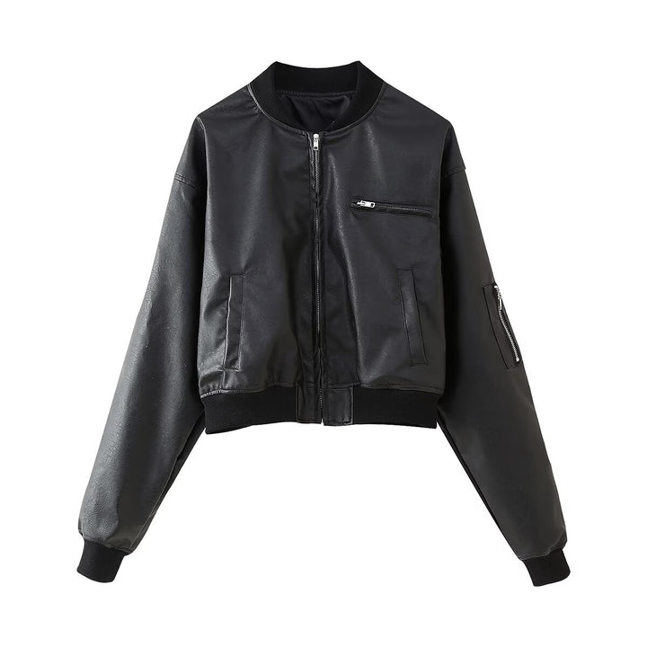 Damen modische Bomberjacke im lässigen Leder-Look mit praktischen Taschen Drune