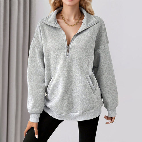 Damen lässiger Sweatpullover mit halbem Reißverschluss und praktischen Taschen Drune