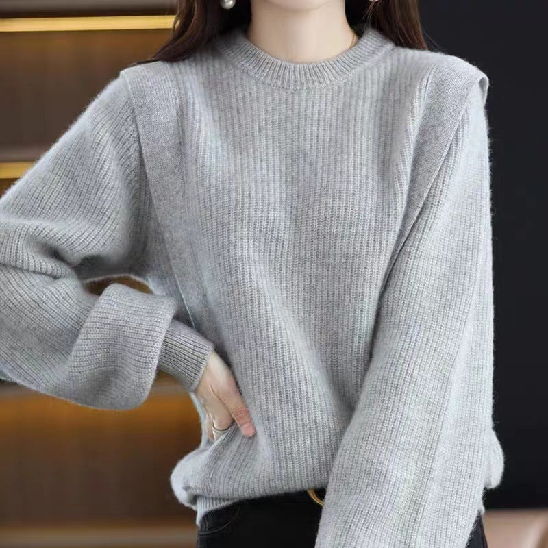 Damen lässiger Strickpullover mit modernem Rippenmuster und weit geschnittenen Ärmeln Drune