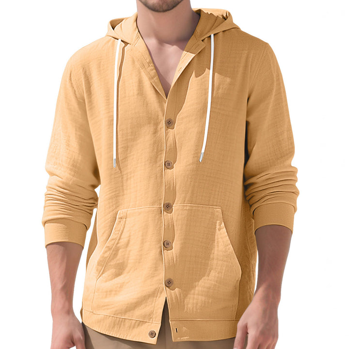 Herren nan leichtes Kapuzen-Übershirt im Crinkle-Look mit Holzknopfleiste und Kängurutasche Drune