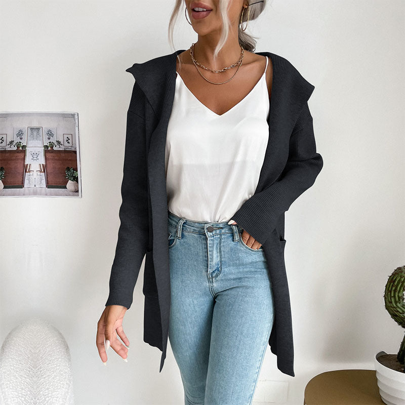 Damen lässiger Strickcardigan mit hohem Kragen und offenen Front Drune