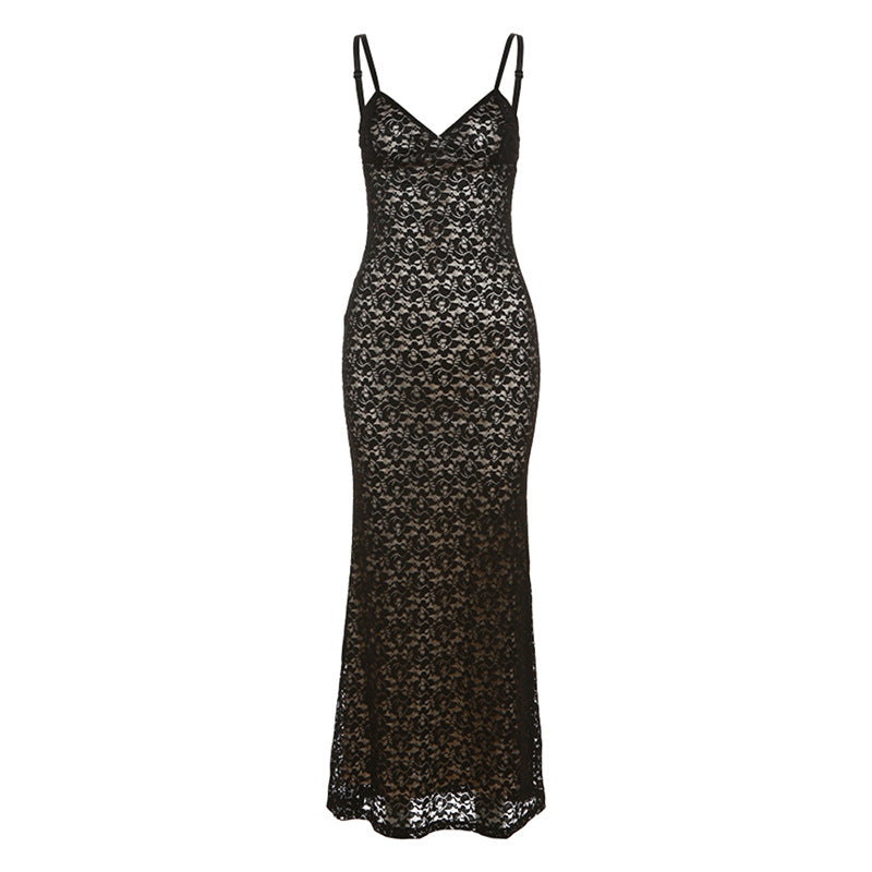 Damen Spitzenkleid mit zarten Spaghettiträgern und fließendem Schnitt Drune