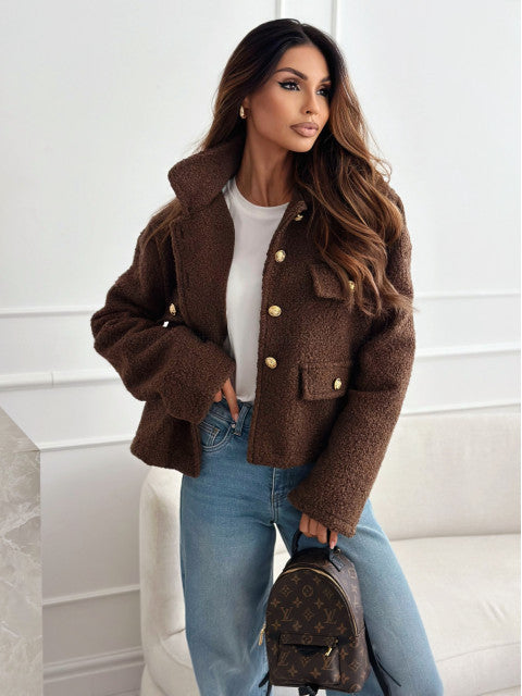 Damen Teddyjacke mit praktischen Taschen und eleganten Knopfdetails Drune