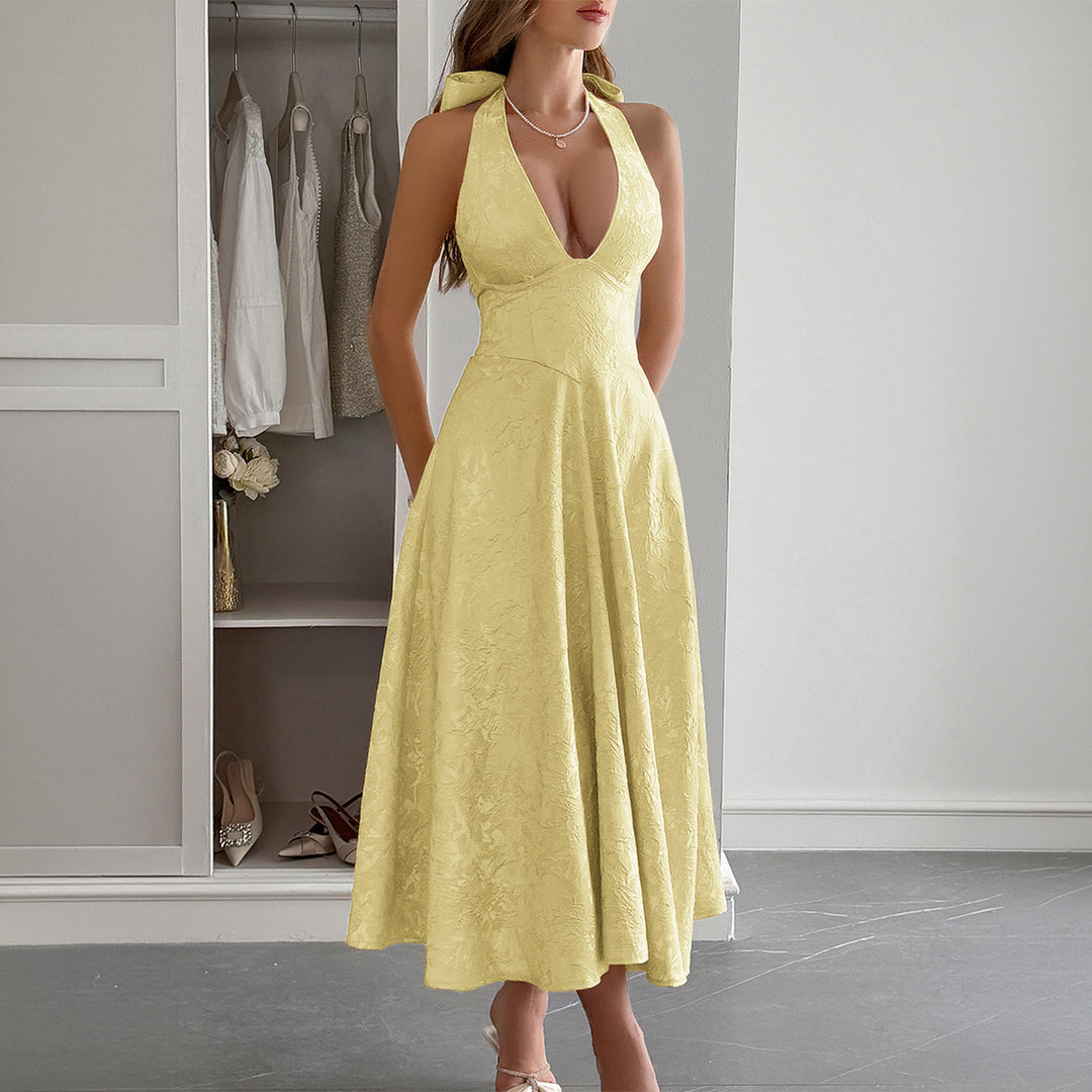 Damen Elegantes Midikleid mit tiefem V-Ausschnitt und fließendem Rock Drune