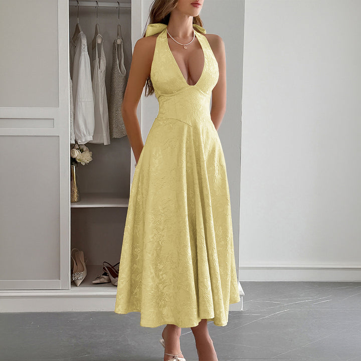 Damen Elegantes Midikleid mit tiefem V-Ausschnitt und fließendem Rock Drune