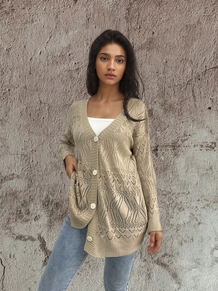 Damen Strickjacke mit perforiertem Muster und Knopfverschluss Drune
