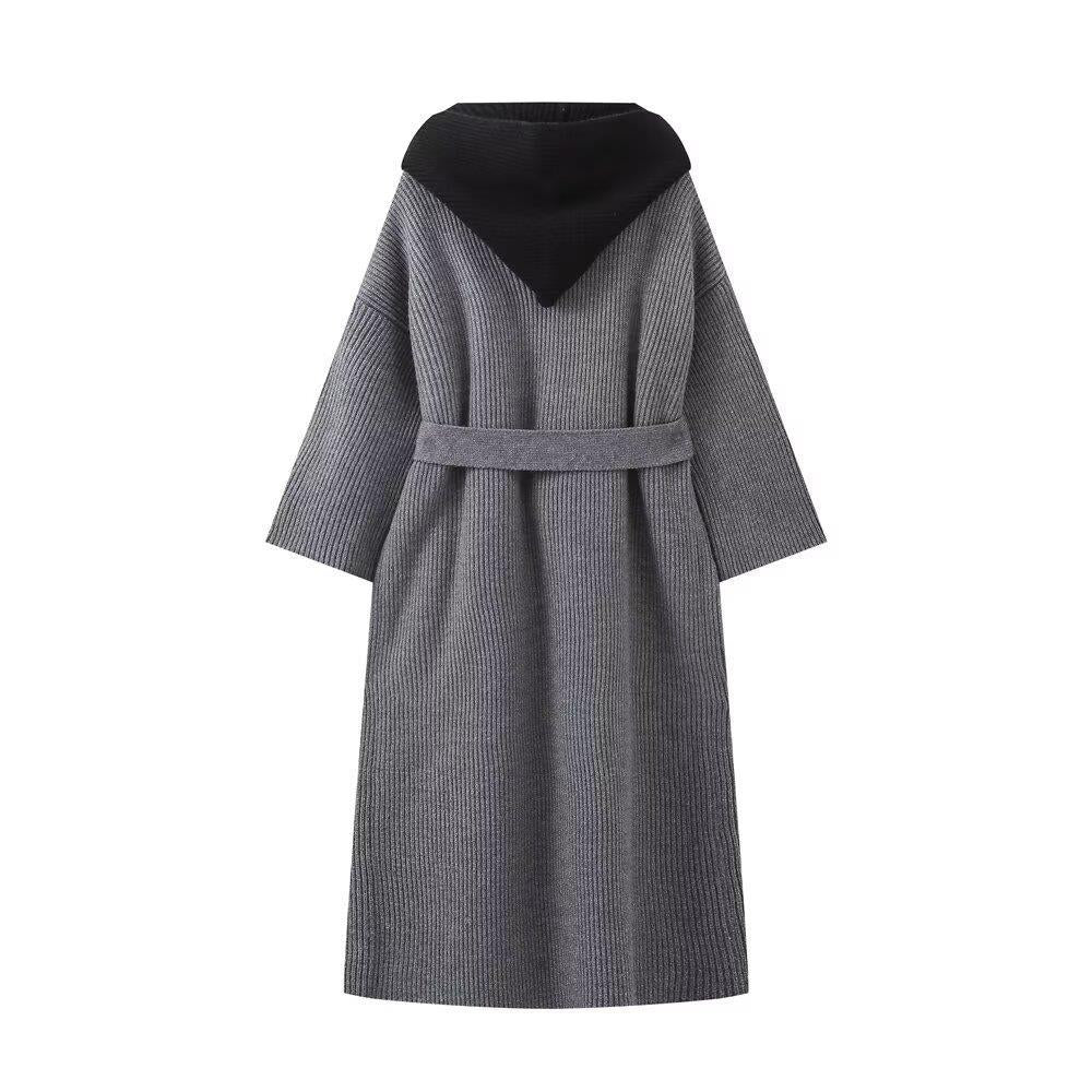 Damen lässiger Longcardigan mit bindbarem Taillengürtel und zweilagigem Kragen Drune