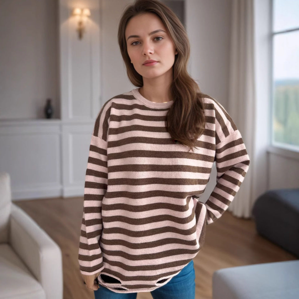 Damen gestrickter Oversized-Pullover mit lässigem Streifenmuster Drune