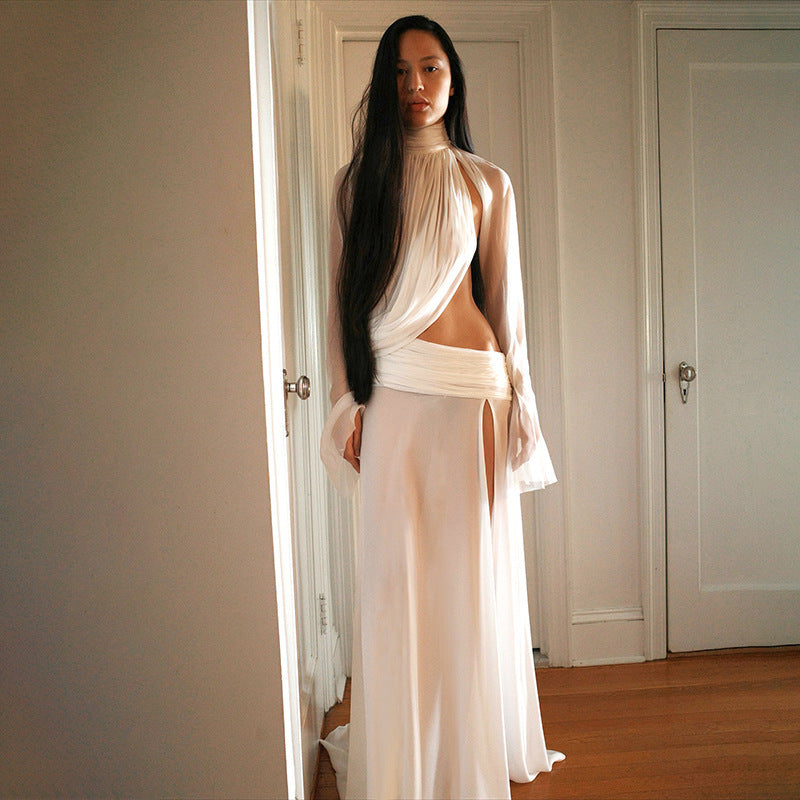 Damen elegantes Maxikleid mit durchscheinenden Ärmeln und seitlichem Schlitz Drune