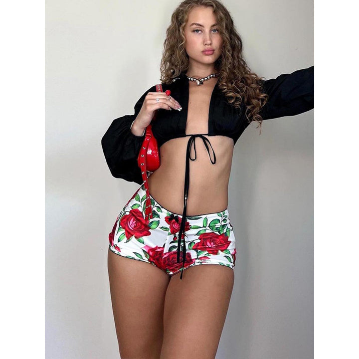 Damen Push-Up Short mit floralem Design und elastischem Bund Drune