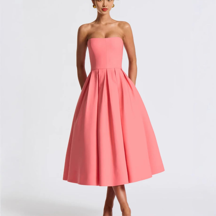 Damen A-Linien Abendkleid mit tiefem Wasserfallausschnitt und elegantem Plissee Drune